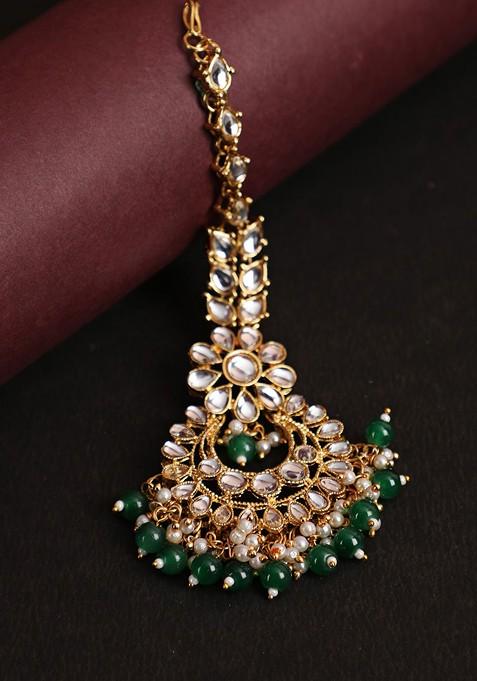 Gold Plated And Green Kundan Studded And Beaded Maangtika