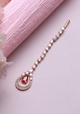 Rose Gold Plated White And Pink Ad Studded Maang Tikka