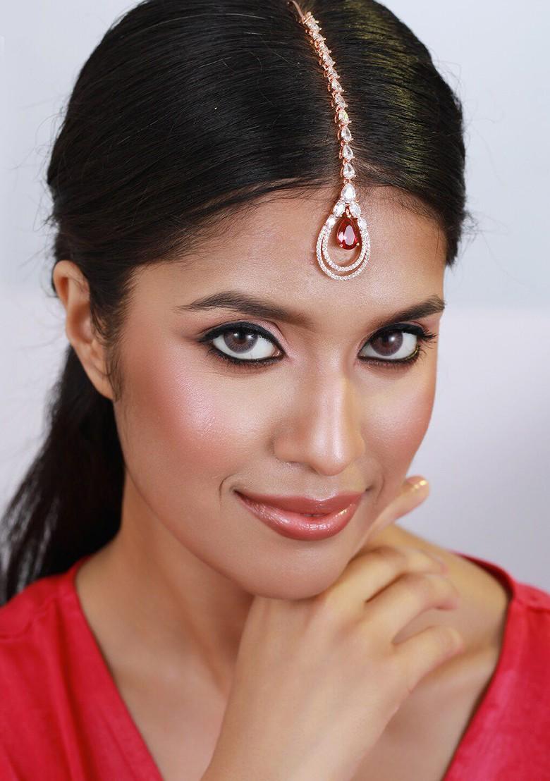 Rose Gold Plated White And Pink Ad Studded Maang Tikka