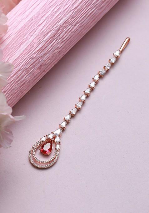 Rose Gold Plated White And Pink Ad Studded Maang Tikka