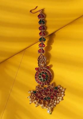 Gold Plated Red And Green Kemp Studded And Pearl Beaded Peacock Maangtikka