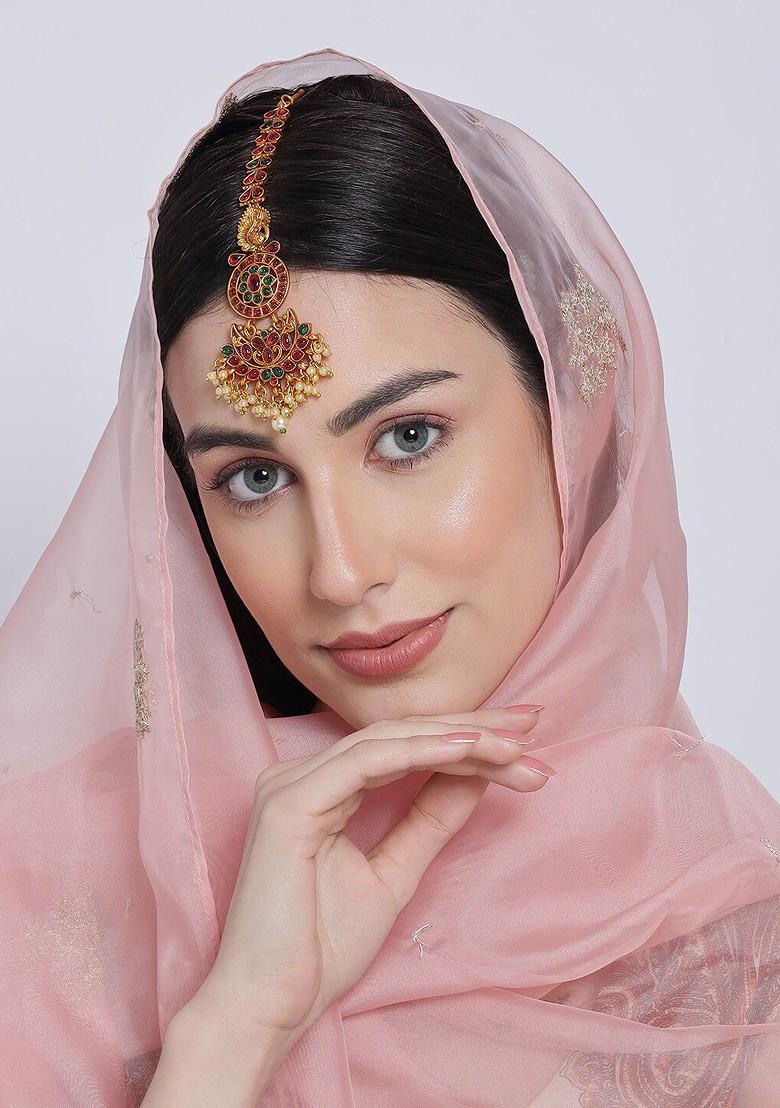 Gold Plated Red And Green Kemp Studded And Pearl Beaded Peacock Maangtikka