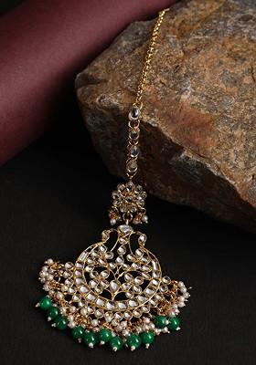 Gold Plated Green And White Stone Studded Head Jewellery