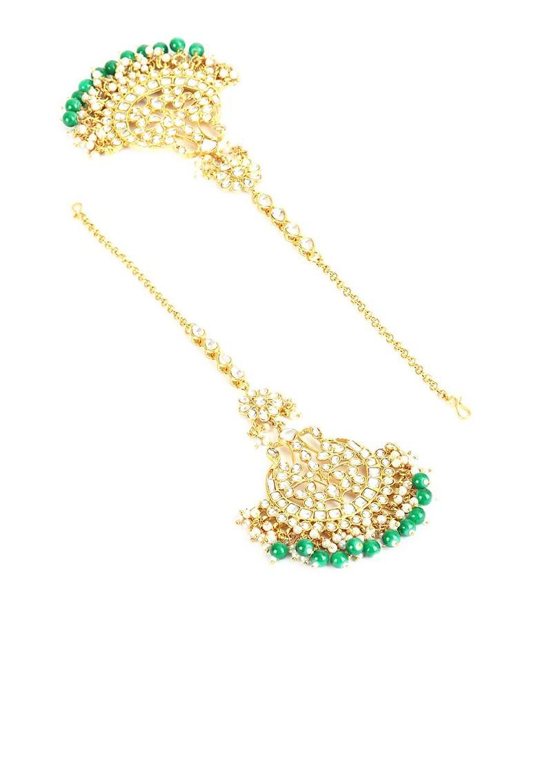 Gold Plated Green And White Stone Studded Head Jewellery