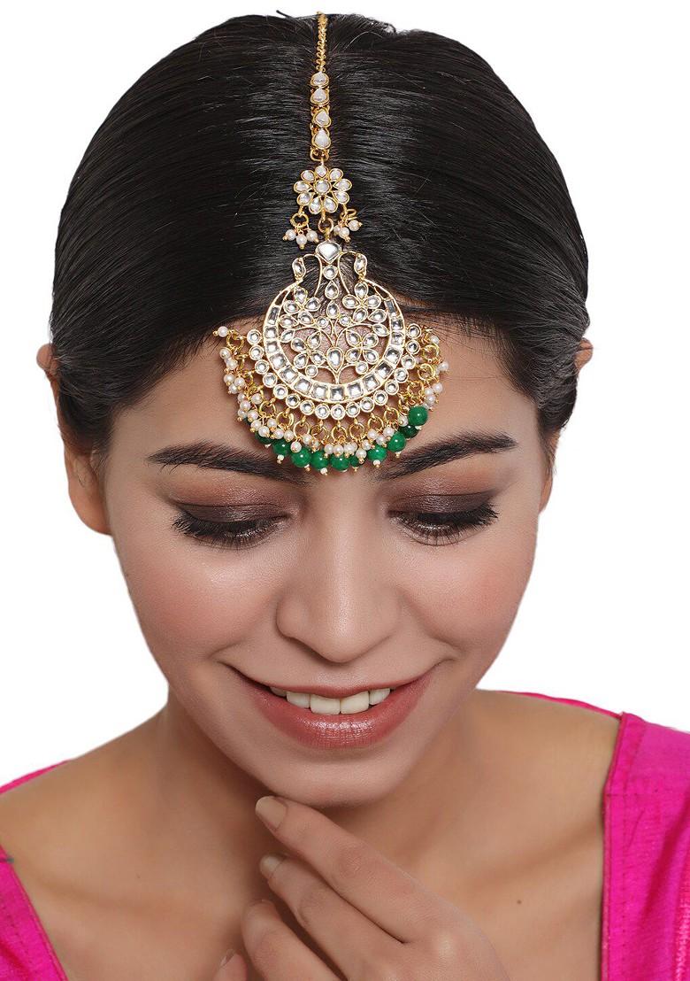 Gold Plated Green And White Stone Studded Head Jewellery