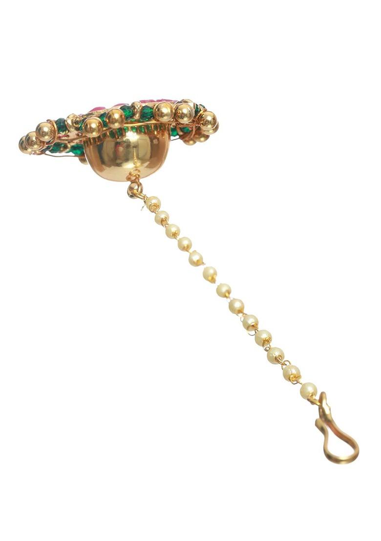 Women Gold Plated Green And Pink Stone Studded And Beaded Maang Tikka