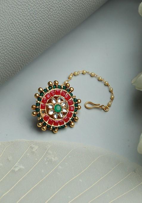 Women Gold Plated Green And Pink Stone Studded And Beaded Maang Tikka