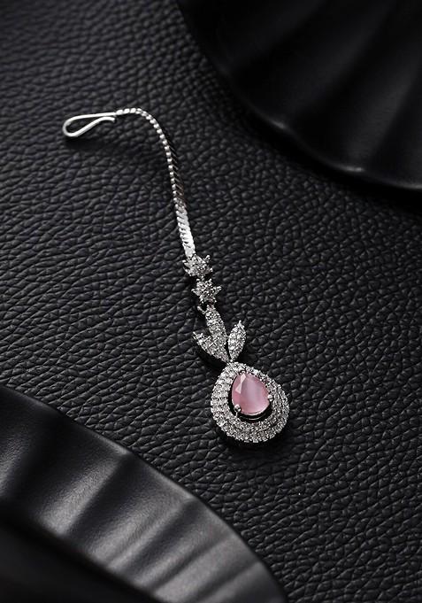 Silver Plated Ad Studded Teardrop Shaped Maang Tika