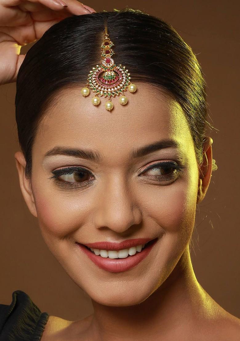 24Kt Gold Plated Ad Studded And Pearl Beaded Temple Maangtika