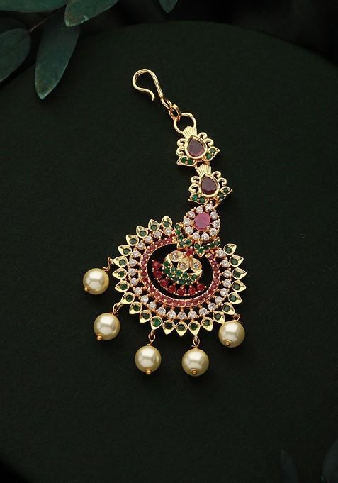 24Kt Gold Plated Ad Studded And Pearl Beaded Temple Maangtika