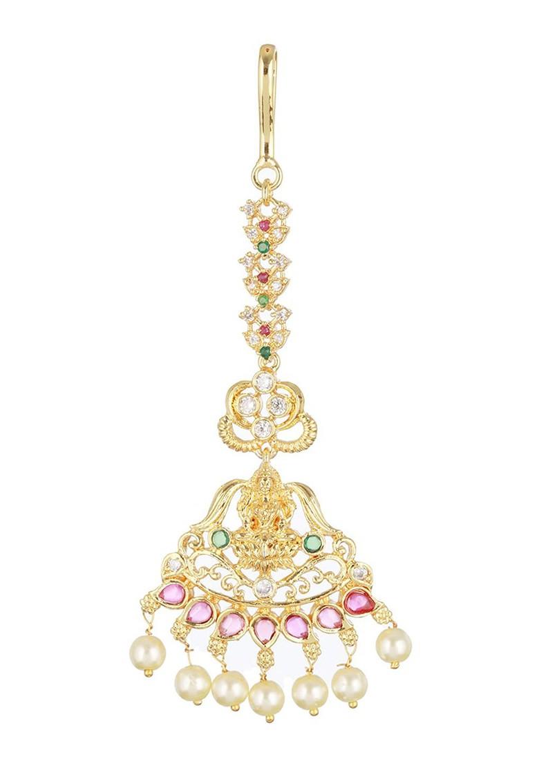 Gold Plated Ad Studded And Pearl Beaded Lakshmi Maang Tikka