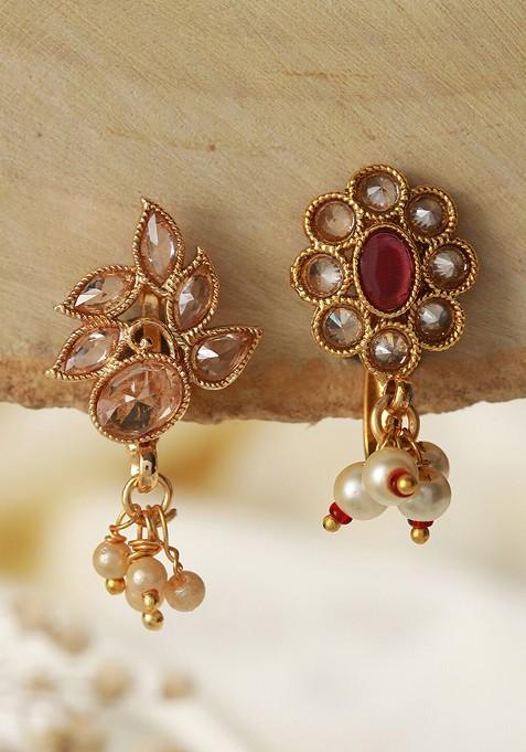 Set Of 2 Gold Plated Kundan Studded Stud Nosepin