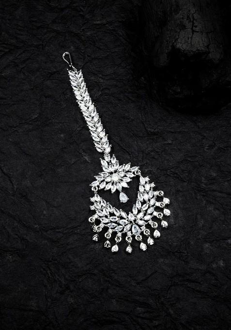 Silver Plated White Ad Stone Studded Maang Tikka