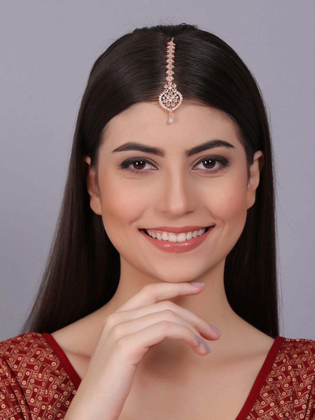 Rose Gold Plated Cz Studded Maang Tikka