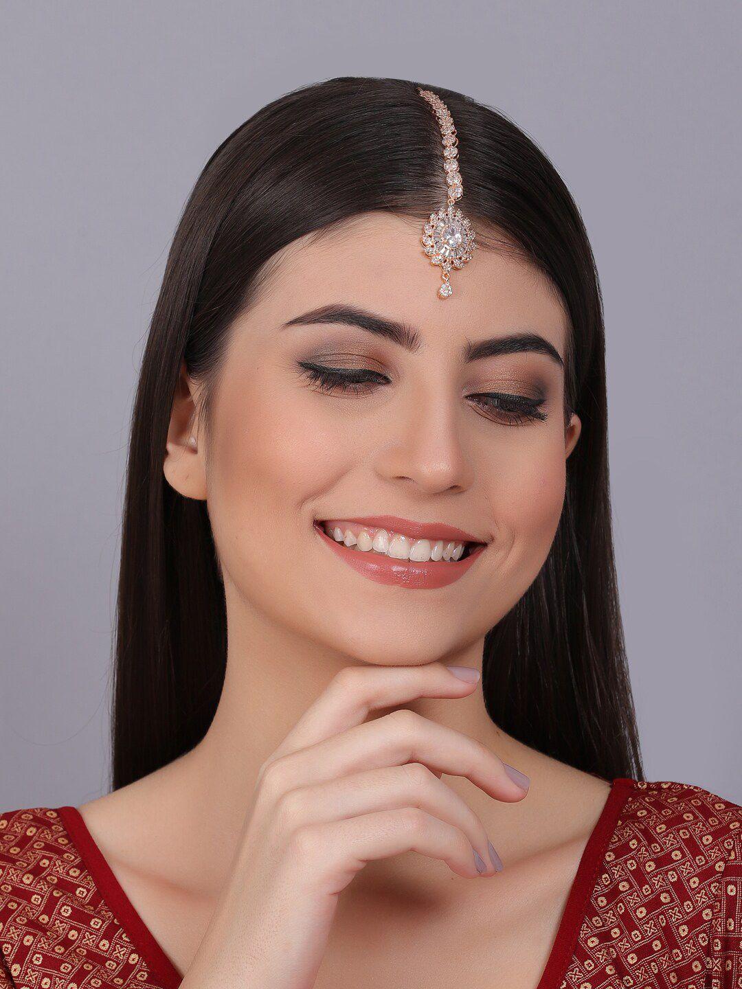 Rose Gold Plated White Ad Stone Studded Maang Tikka