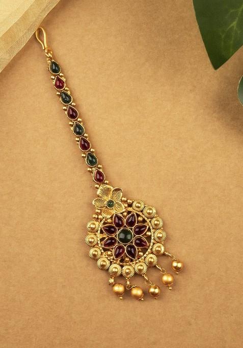 Gold Plated Stones Studded Temple Maang Tikka