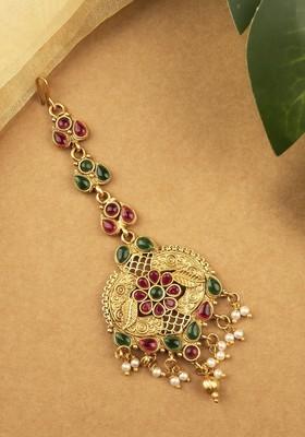 Gold Plated Stones Studded Temple Maang Tikka