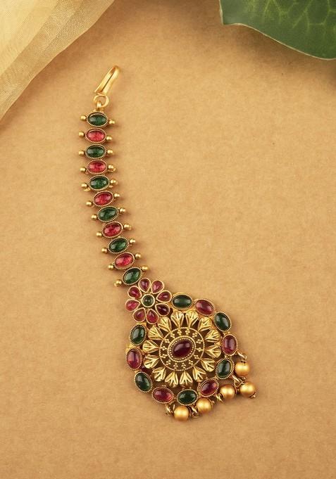 Gold Plated Stones Studded Temple Maang Tikka