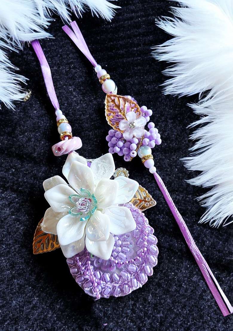 Lavender White And Gold Crystal Studded Pearls Beaded Floral Bhaiya Bhabhi Rakhi - Indya