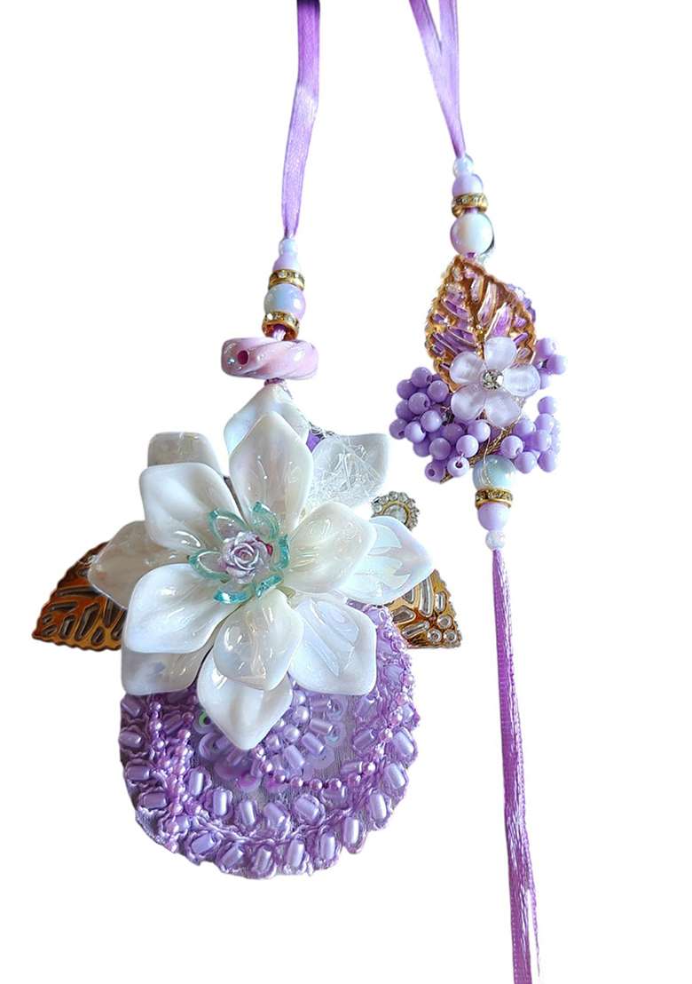 Lavender White And Gold Crystal Studded Pearls Beaded Floral Bhaiya Bhabhi Rakhi - Indya