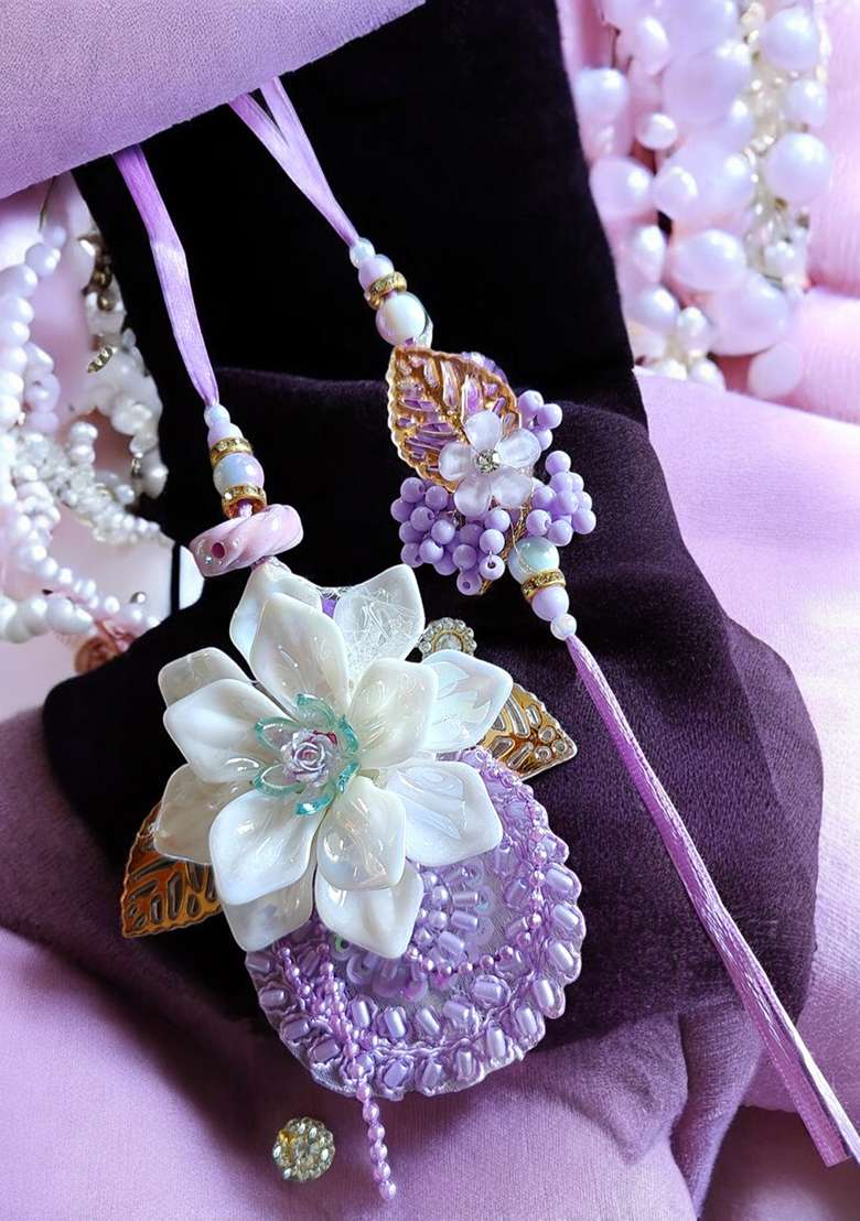 Lavender White And Gold Crystal Studded Pearls Beaded Floral Bhaiya Bhabhi Rakhi - Indya