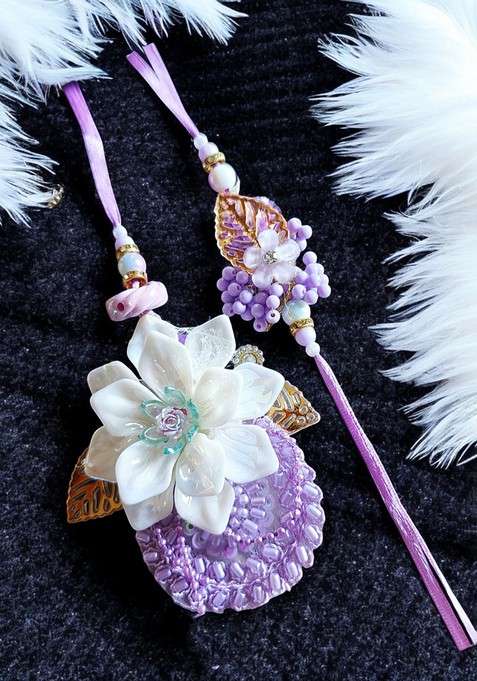Lavender White And Gold Crystal Studded Pearls Beaded Floral Bhaiya Bhabhi Rakhi