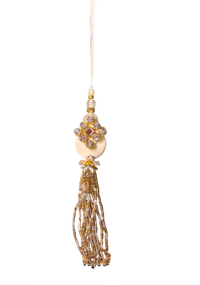 Cream White And Gold Crystal Studded Pearls Beaded Floral Bhaiya Bhabhi Rakhi - Indya