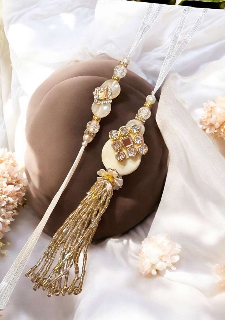 Cream White And Gold Crystal Studded Pearls Beaded Floral Bhaiya Bhabhi Rakhi - Indya