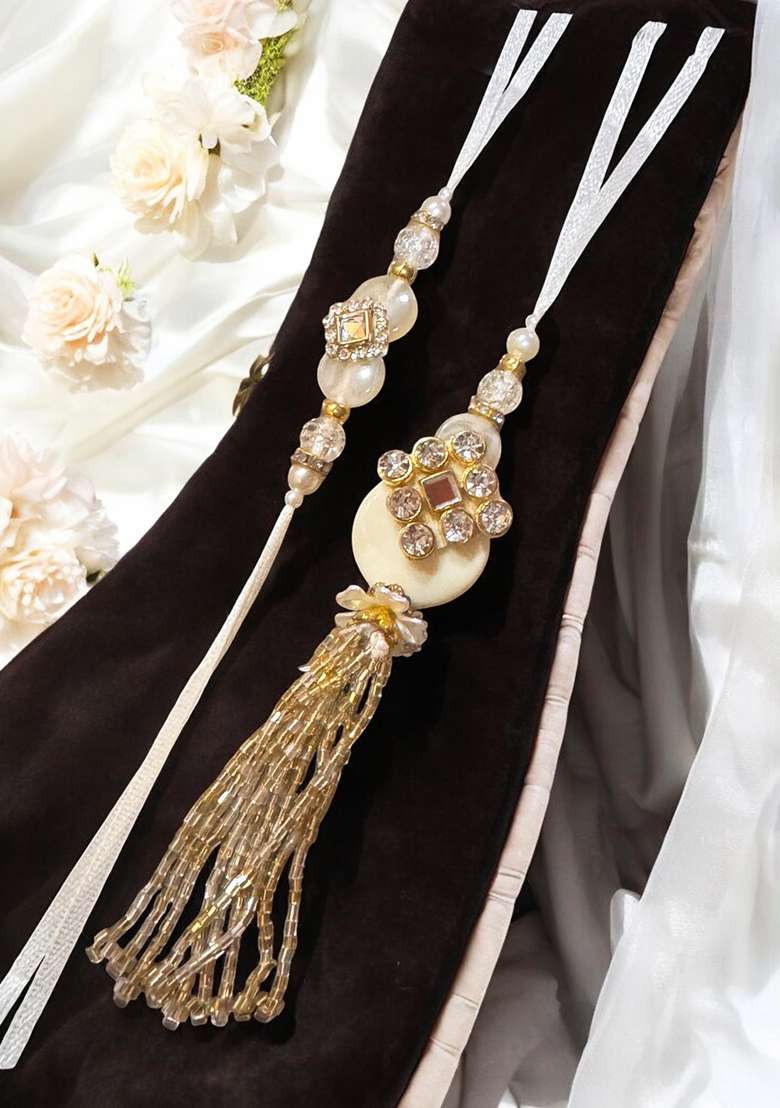 Cream White And Gold Crystal Studded Pearls Beaded Floral Bhaiya Bhabhi Rakhi - Indya