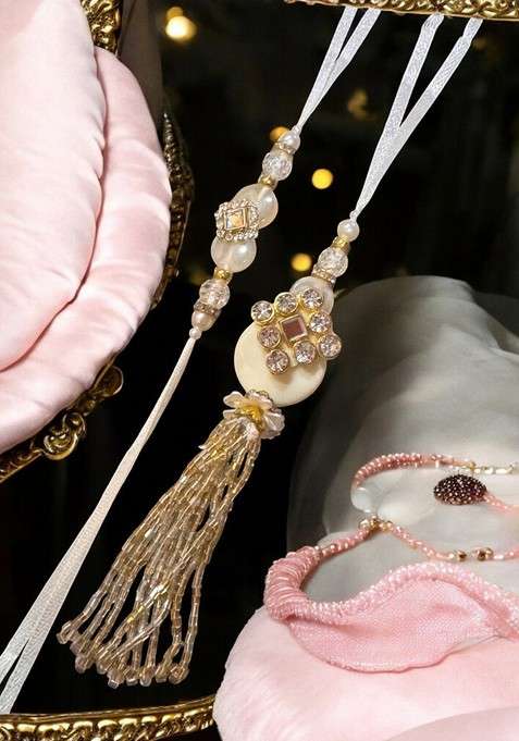 Cream White And Gold Crystal Studded Pearls Beaded Floral Bhaiya Bhabhi Rakhi