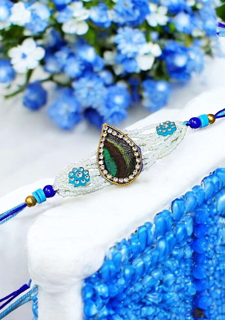 Blue Coloured White And Green Artificial Stones Studded And Beaded Thread Rakhi - Indya