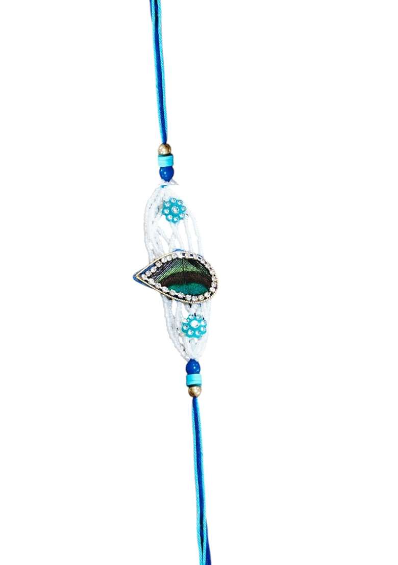 Blue Coloured White And Green Artificial Stones Studded And Beaded Thread Rakhi - Indya