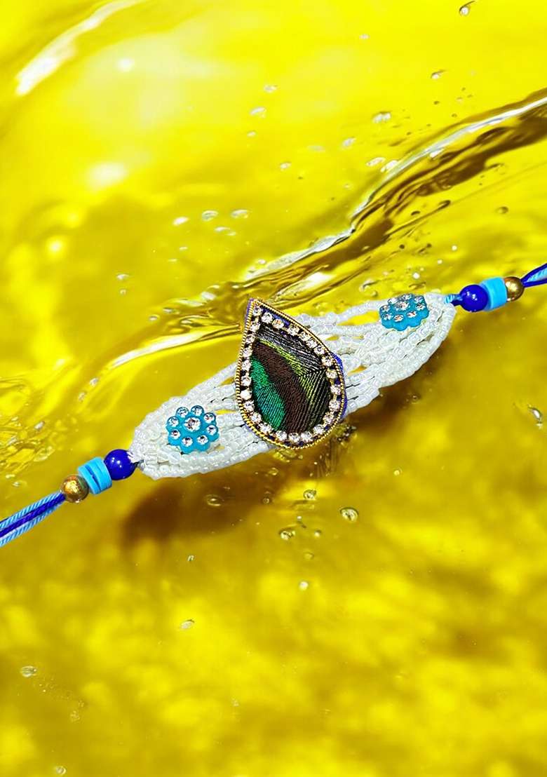 Blue Coloured White And Green Artificial Stones Studded And Beaded Thread Rakhi - Indya