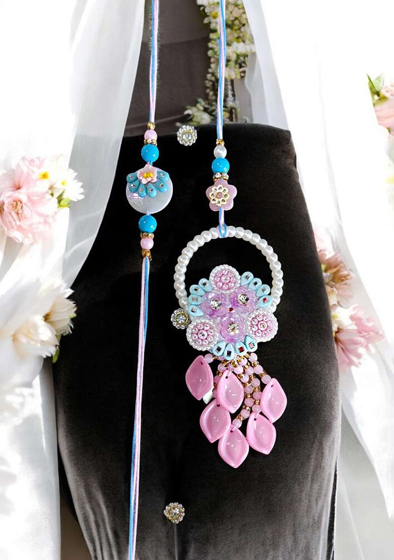 Blue White And Pink Artificial Stones Studded And Beaded Bhaiya Bhabhi Rakhis - Indya