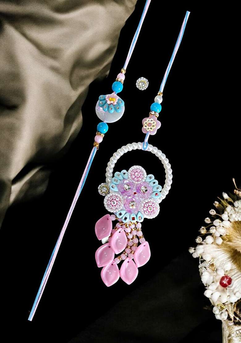 Blue White And Pink Artificial Stones Studded And Beaded Bhaiya Bhabhi Rakhis - Indya