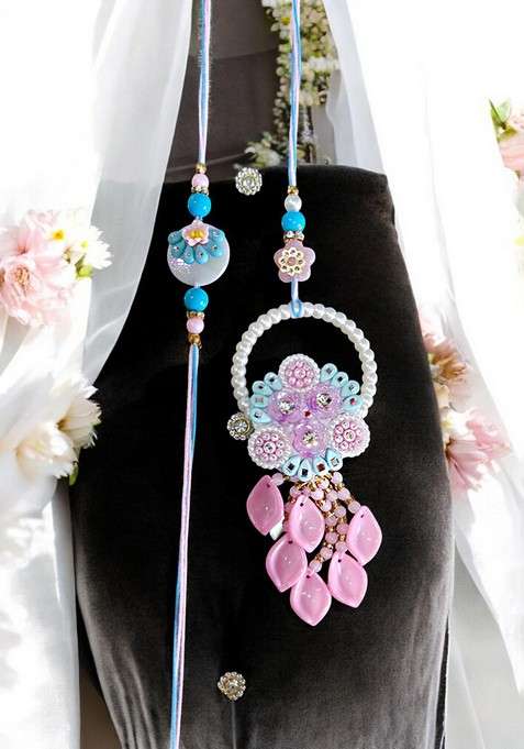 Blue White And Pink Artificial Stones Studded And Beaded Bhaiya Bhabhi Rakhis