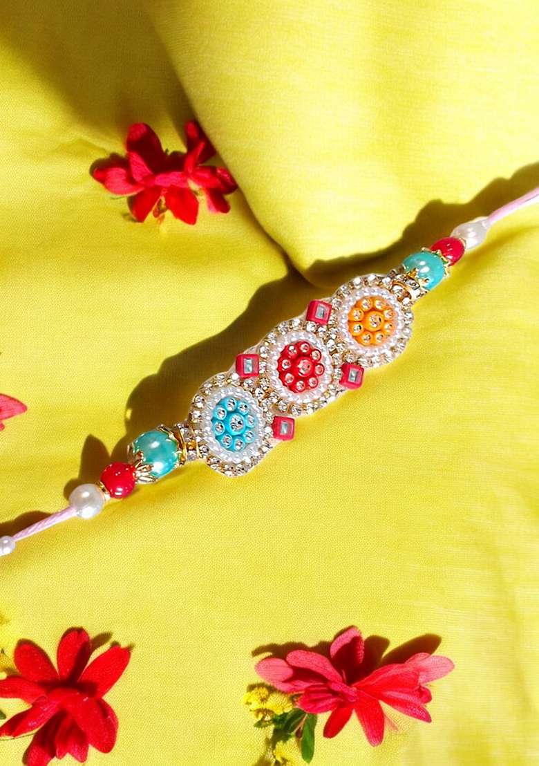 White Coloured  Red And Yellow Artificial Stones Studded And Beaded Thread Rakhi - Indya