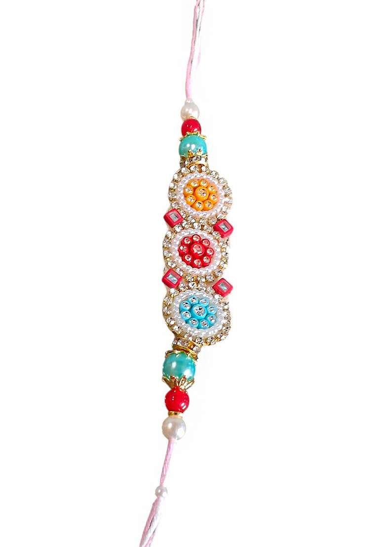 White Coloured  Red And Yellow Artificial Stones Studded And Beaded Thread Rakhi - Indya