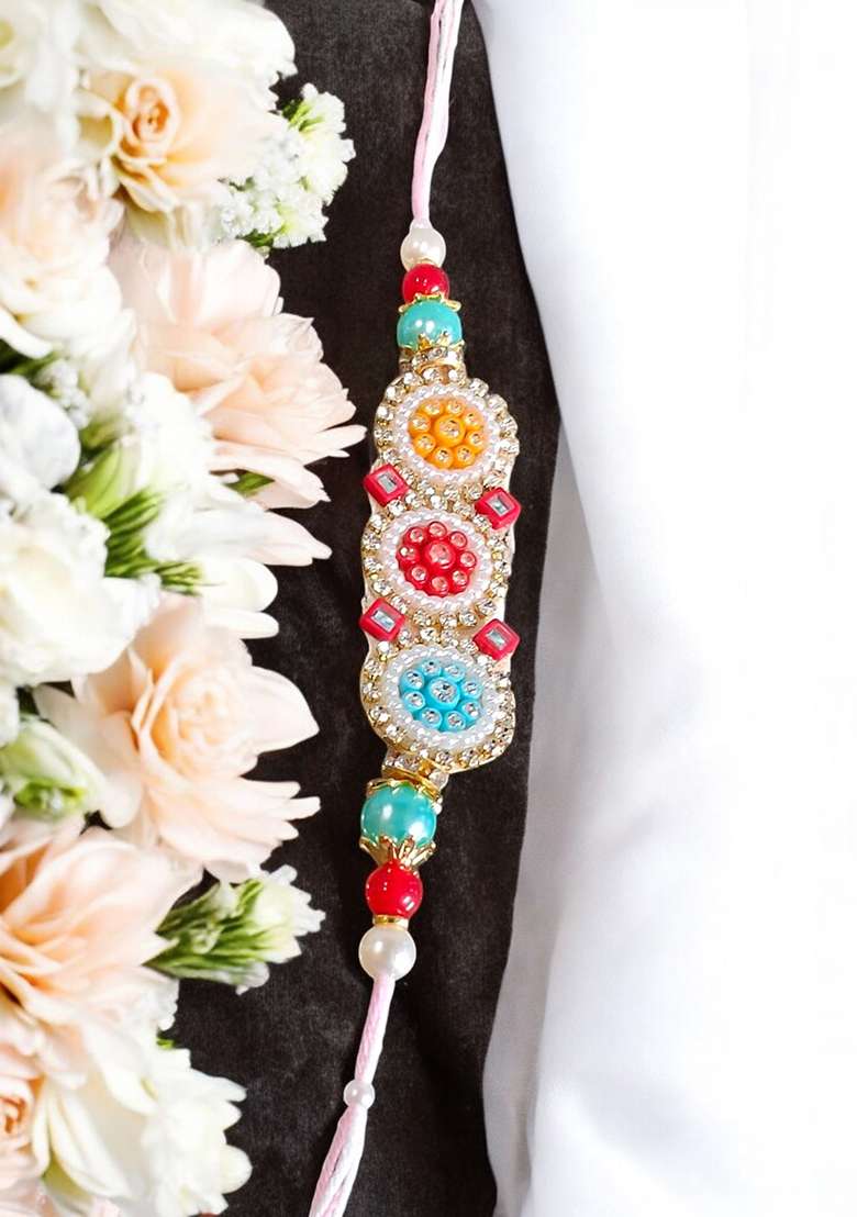 White Coloured  Red And Yellow Artificial Stones Studded And Beaded Thread Rakhi - Indya
