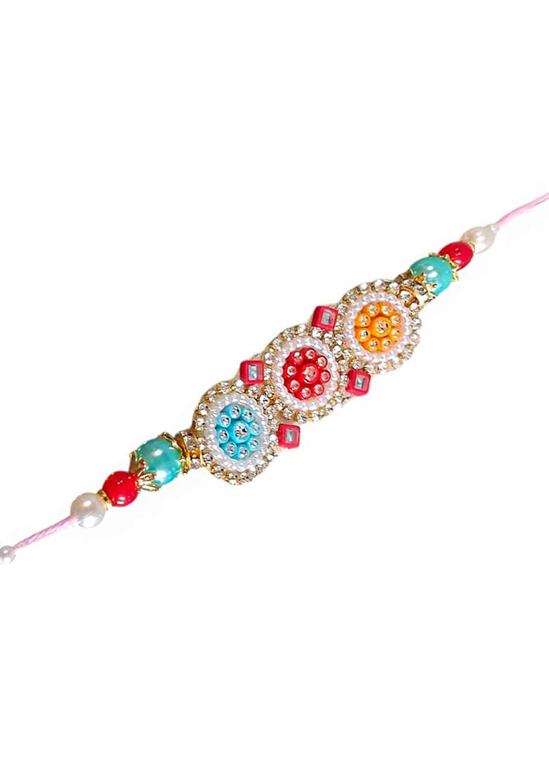 White Coloured  Red And Yellow Artificial Stones Studded And Beaded Thread Rakhi - Indya
