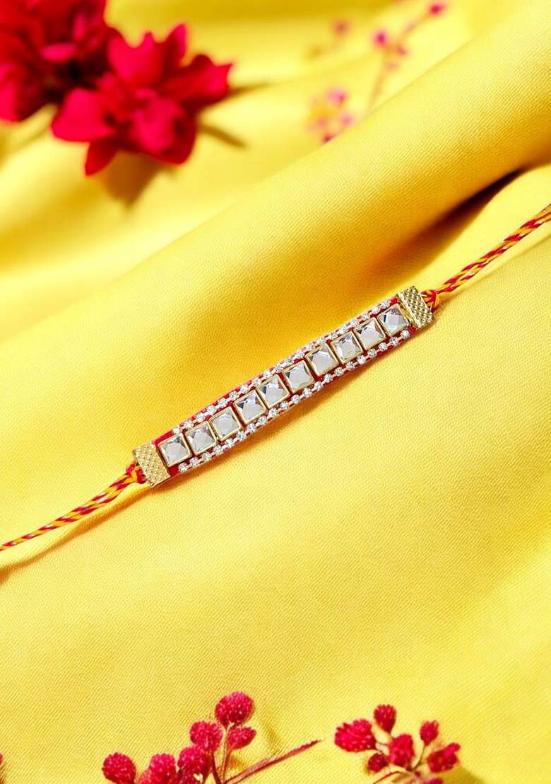 Red Coloured  Yellow And White Mirror Stones Studded Thread Rakhi - Indya