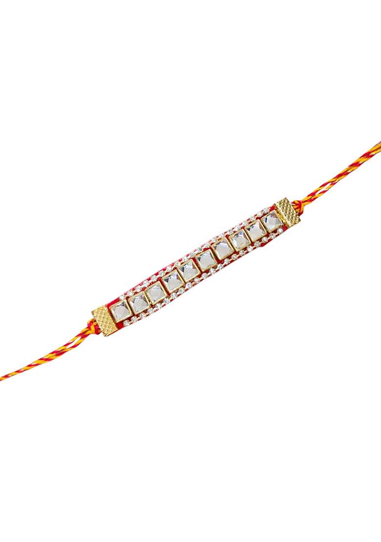 Red Coloured  Yellow And White Mirror Stones Studded Thread Rakhi - Indya