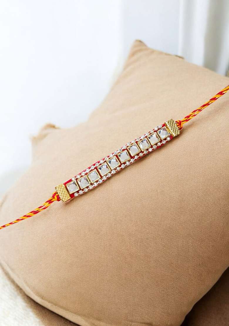 Red Coloured  Yellow And White Mirror Stones Studded Thread Rakhi - Indya