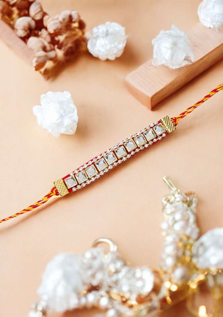 Red Coloured  Yellow And White Mirror Stones Studded Thread Rakhi - Indya