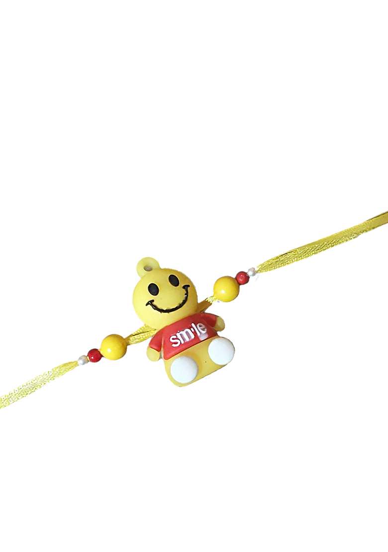 Yellow  Red And White Kids Artificial Beaded Smiley Charm Thread Rakhi - Indya