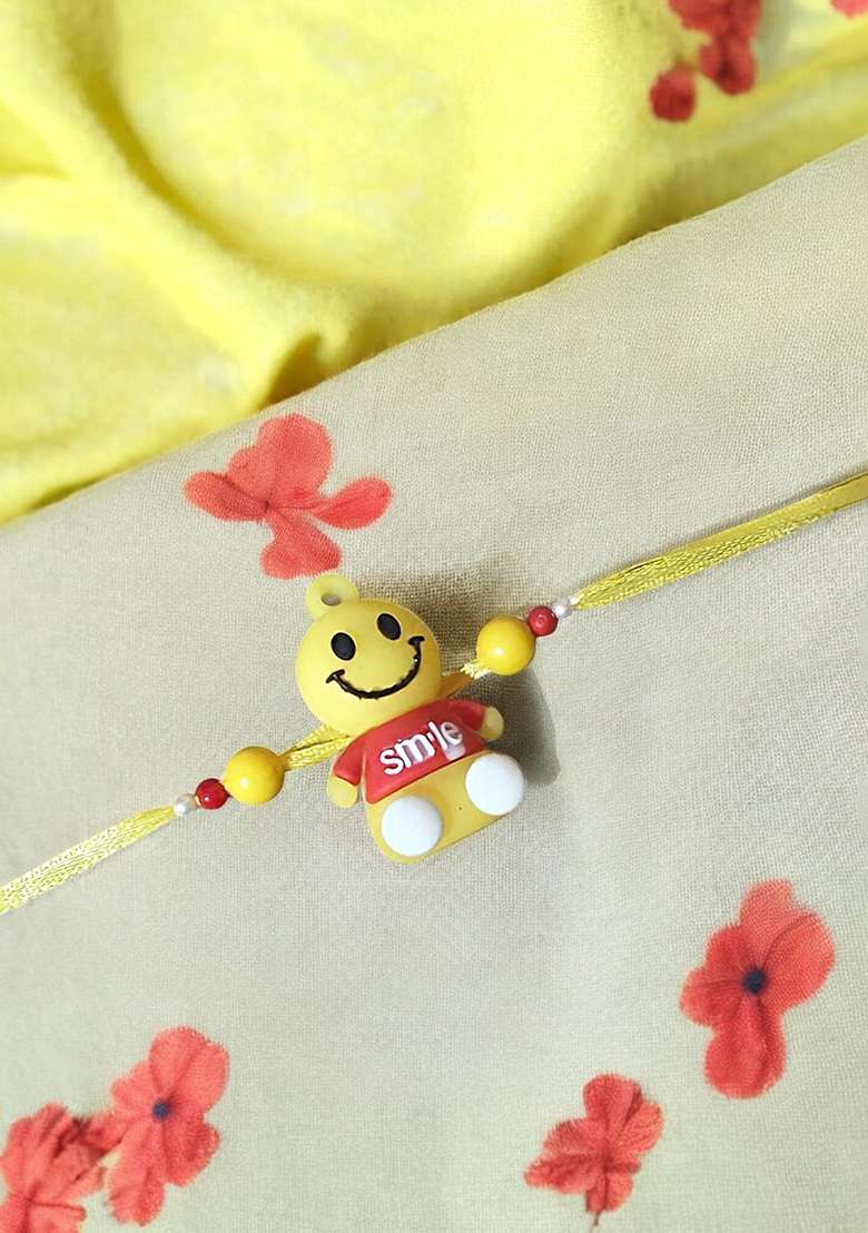 Yellow  Red And White Kids Artificial Beaded Smiley Charm Thread Rakhi - Indya