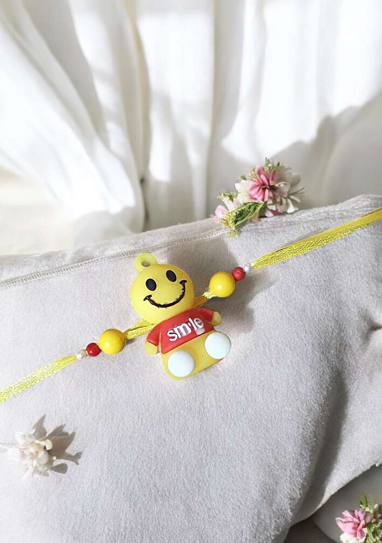Yellow  Red And White Kids Artificial Beaded Smiley Charm Thread Rakhi - Indya