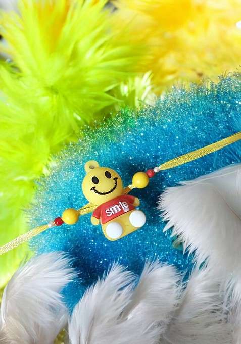Yellow  Red And White Kids Artificial Beaded Smiley Charm Thread Rakhi