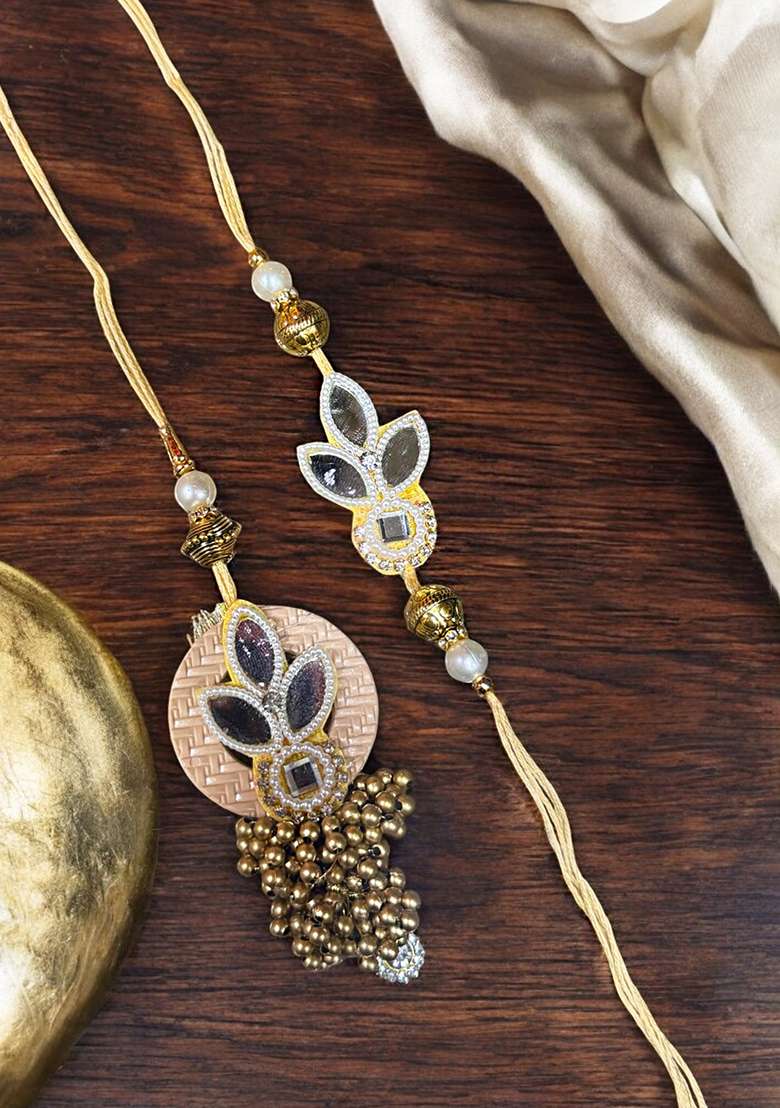 Peach  White And Gold Artificial Stones Studded Pearls Beaded Floral Bhaiya Bhabhi Rakhi - Indya
