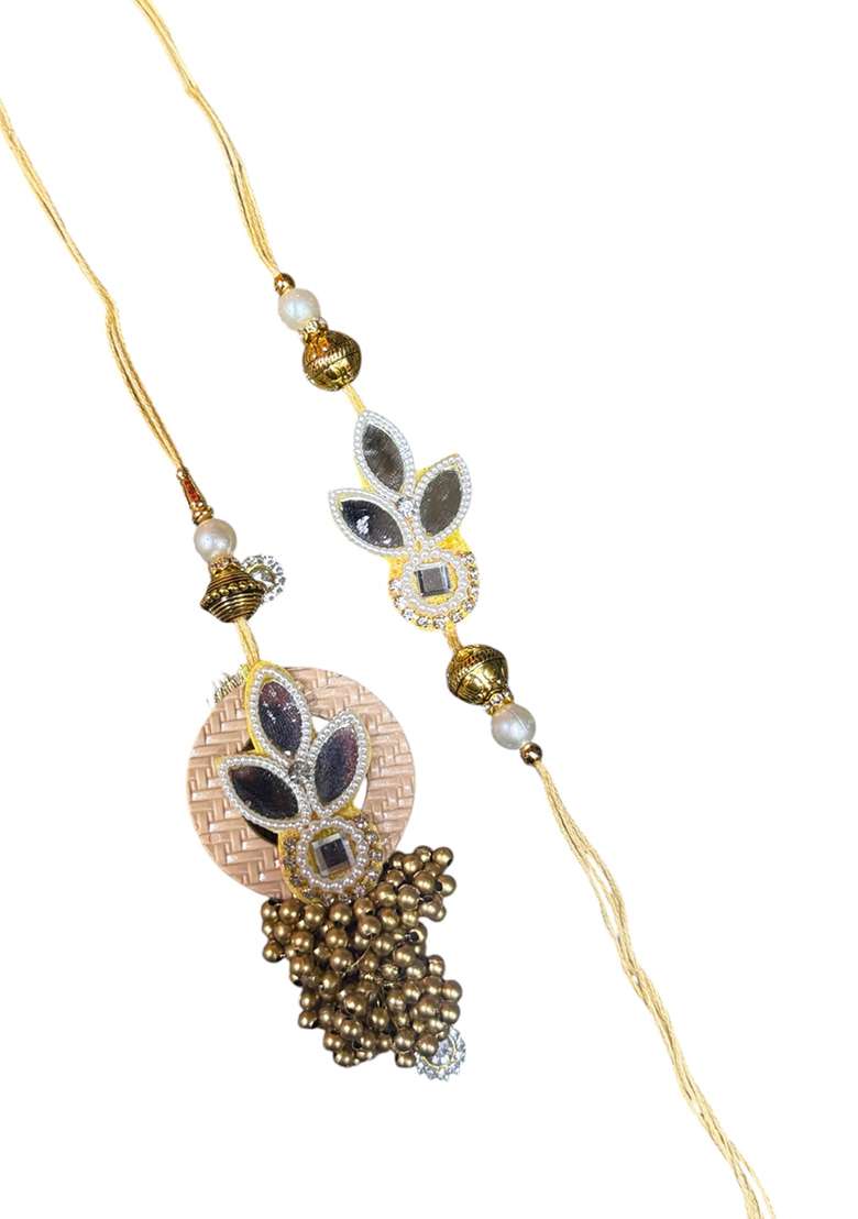 Peach  White And Gold Artificial Stones Studded Pearls Beaded Floral Bhaiya Bhabhi Rakhi - Indya